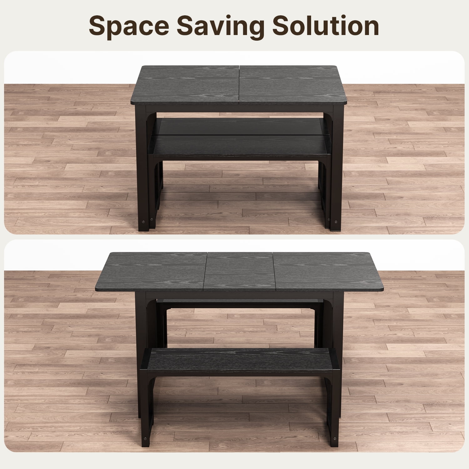 Extendable Dining Table Set for 4 People with 2 Benches,47" to 63" Kitchen Table for Living Room, Black