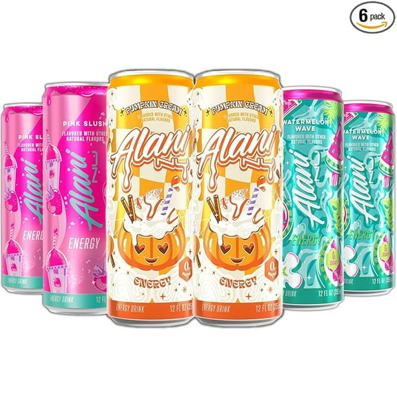 New Alani Energy Drinks Pumkin Cream, Watermelon Wave, Pink Slush - Limited Edition Flavors - Variety Pack, Sugar-Free, Low-Calorie, 200mg Caffeine, Energy Boost Drink 12 fl oz (Pack of 6)