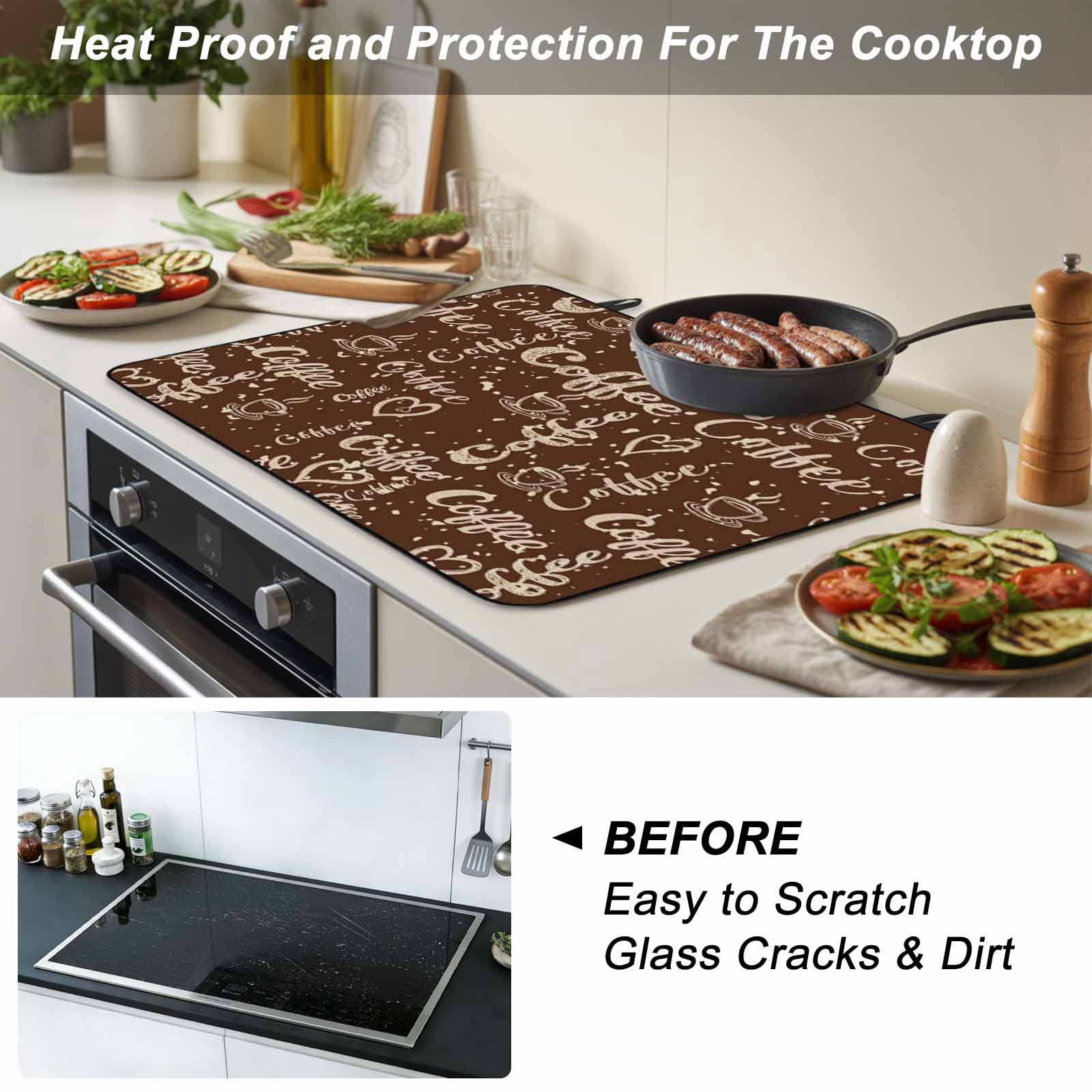 Brown Coffee Vintage Stove Top Cover for Electric Stove, Heat-proof & Non Slip Glass Top Stove Cover Protector, Coffee Cup Love Hearts Farmhouse Kitchen Flat Cooktop Rubber Mat 24x21 Inches