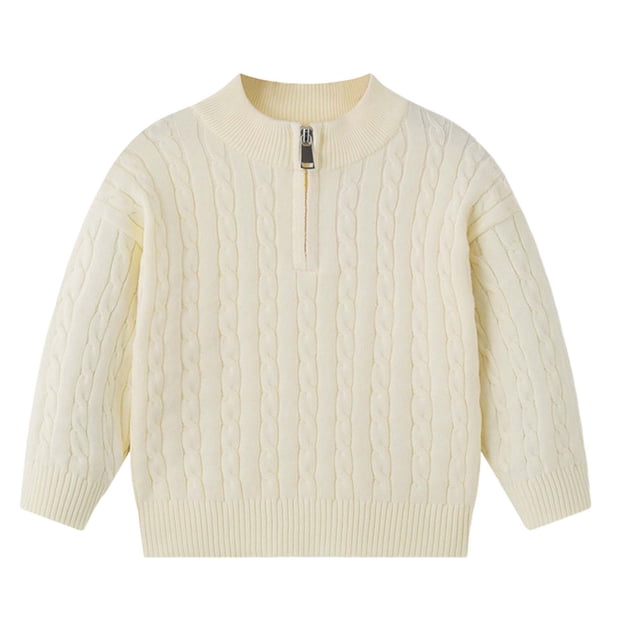 WUANDIXFA Chandail à Col Rond en Coton Doux pour Enfants, Chandail à Fermeture Éclair Tricoté Chaud, Chandail de Base Uni pour Garçons et Filles Beige, 5-6 Ans