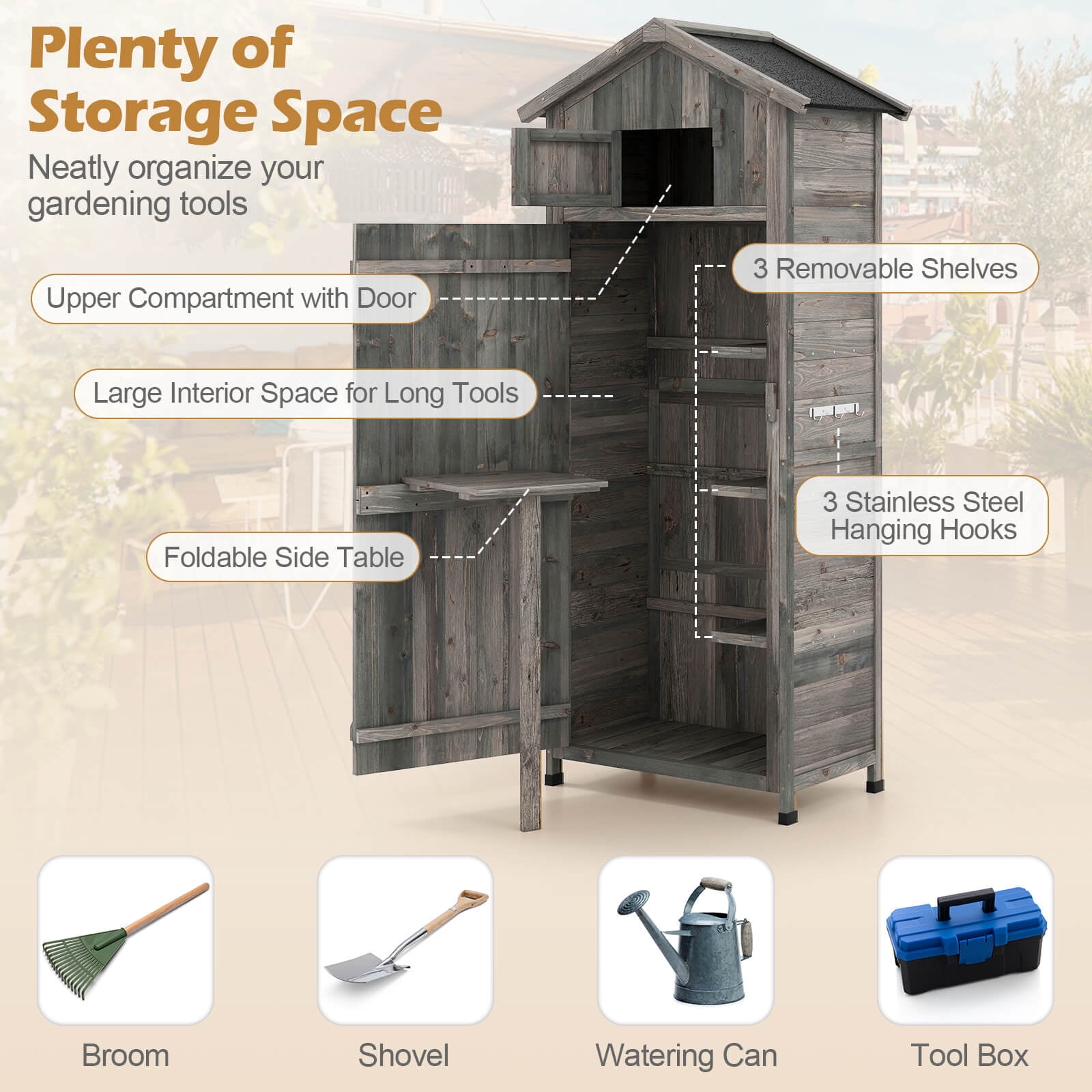 Costway Wood Garden Storage Shed with Lockable Barn Door, Removable Shelves for Patio Gray