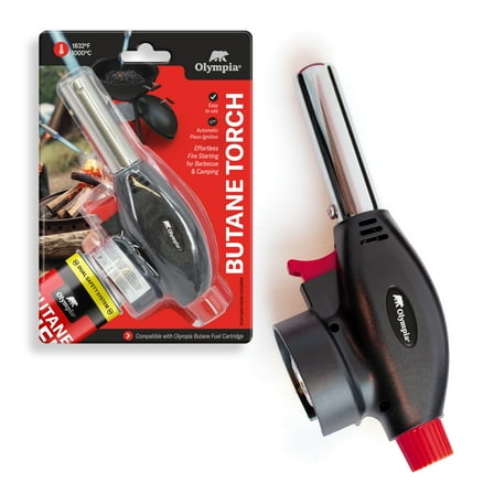 Olympia Butane Torch for Outdoor Use, Adjustable Flame, 8 oz, Reusable. Compatible with Olympia Butane Fuel Cartridge, Sold Separately.