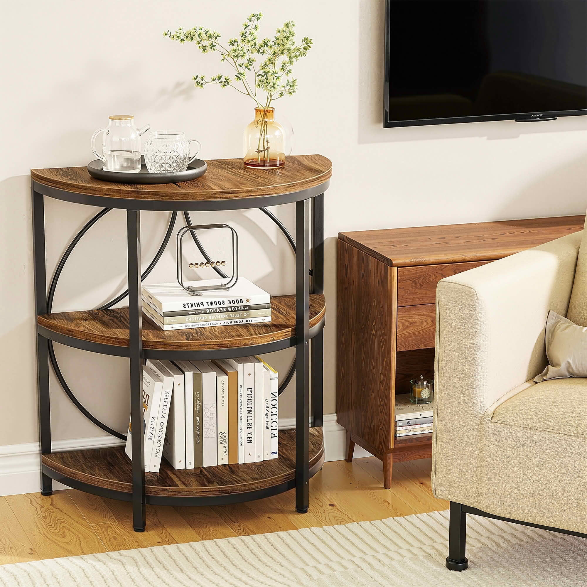 MAYEERTY Half-Round 3-Tier End Side Table, Rustic Brown Particle Board Black Metal Frame with Adjustable Foot Pads