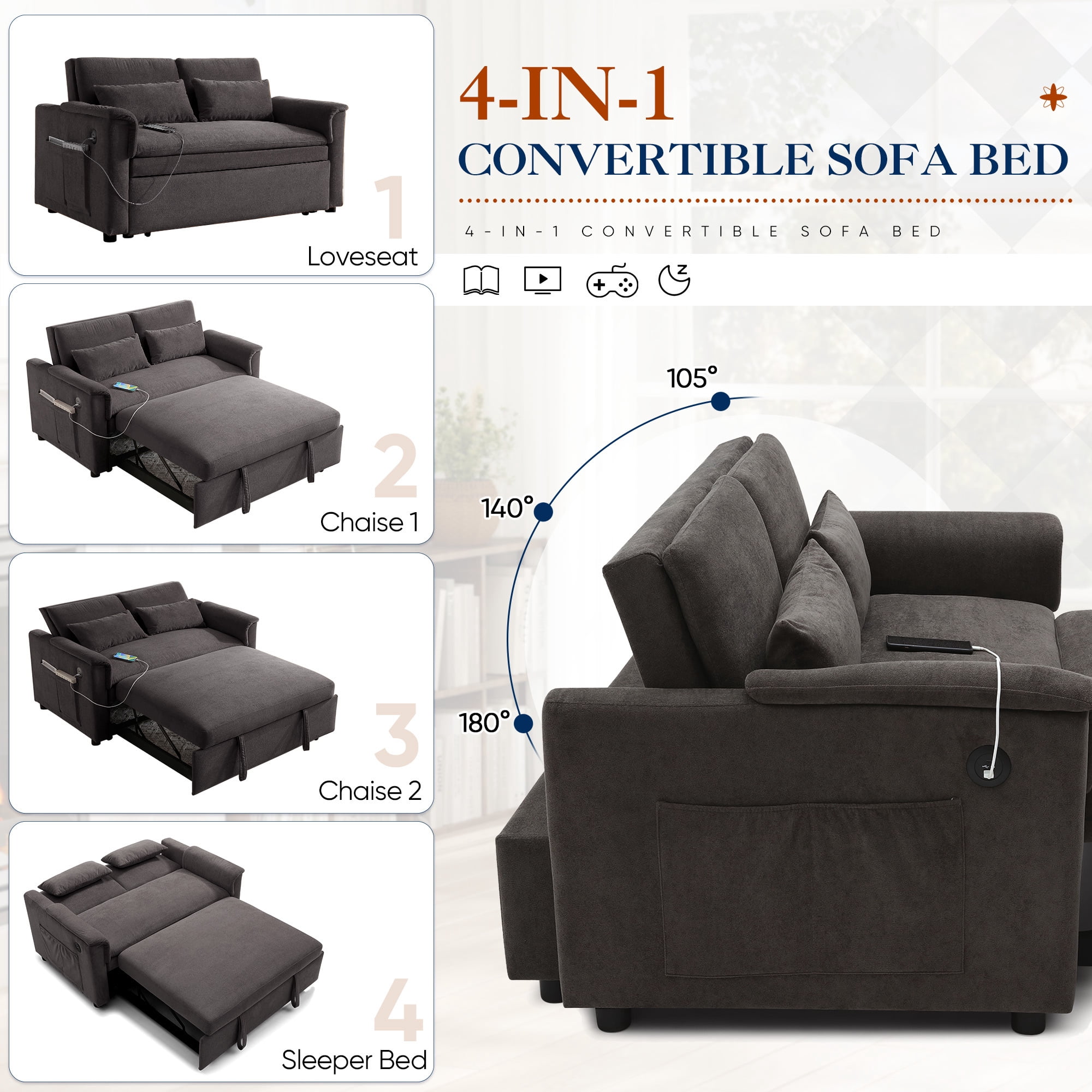 Lunale Convertible Sofa Bed with USB, 55" Loveseat Sleeper for Living Room, Apt, Gray Velvet