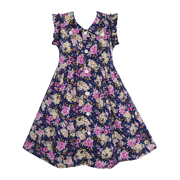 Girls Dress Turn-down Collar Button Front Flower Print 4