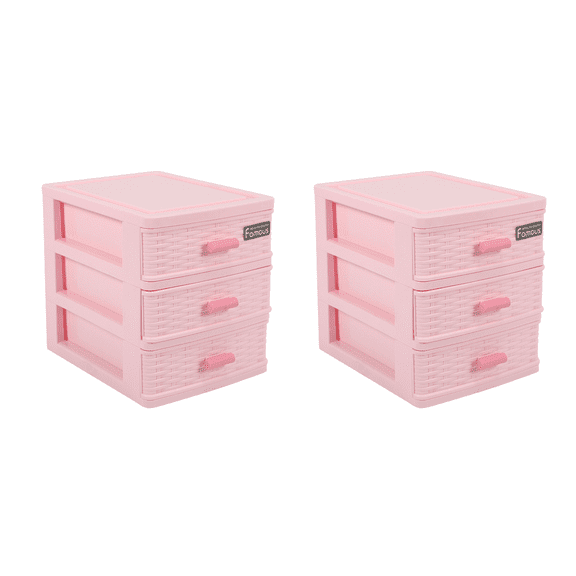 2X Plastic Drawer Designed 3 Compartment Jewelry Storage Box Pink