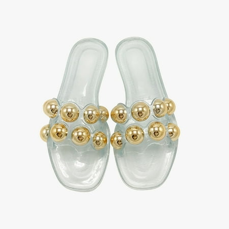 

Summer Savings! Zpanxa Slippers for Women Summer Solid Color Women s Jelly Bottom Flat Metal Ball Sandals Women s Shoes Flip Flops for Women Clear 39