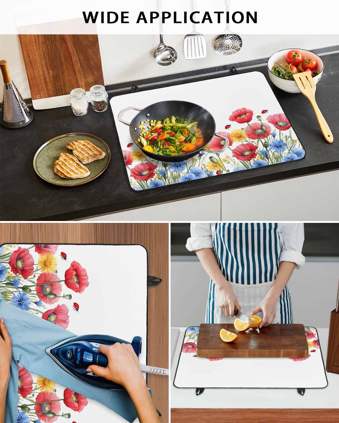nqOlkjepod Large Induction Cooktop Protector Mat 36"x21", Red Blue Floral Stove Top Covers for Electric Stove, Independence Day Watercolor Wildflower Stove Burner Cover Mats, Glass Top Stove Cover