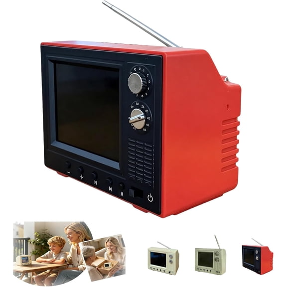 Mini Cartoon TV, Rechargeable Mini Retro TV Cartoon Player with 8GB Memory, Supports Headphones & USB Playback  Perfect for Dollhouse Scenes & Collectible Decor, Knob Controls (Red)