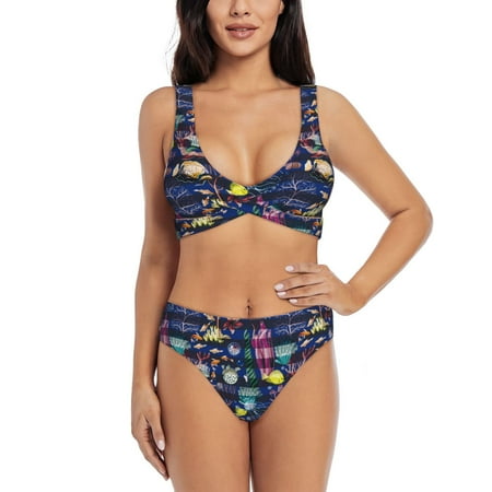 Zeuib Sea Inhabitans and Herb High Waisted Tummy Control Bikini Set - Knot Front Push Up Top & Cheeky Thong Bottom  Two-Piece Swimsuit for Women-X-Large