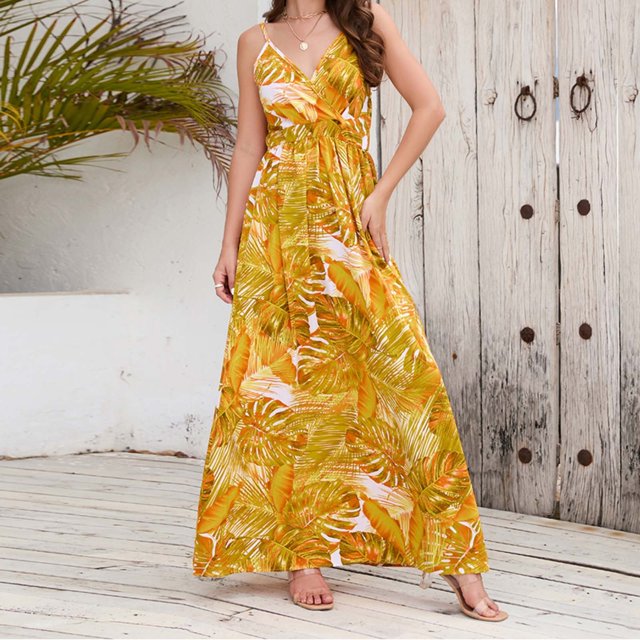 FcBaudy Camisole Sans Manches Robe Col en V, Robes d'Été pour Femmes, Robes Sans Manches Imprimées à Bretelles Longues Robe pour Femmes