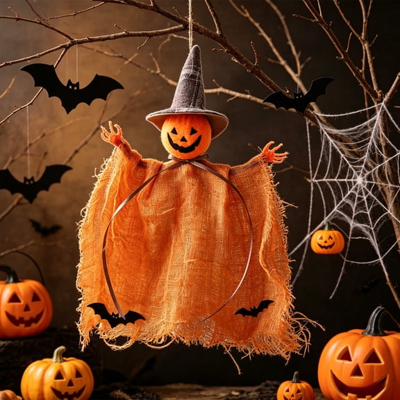 Halloween Hanging Ornament, Witch Pumpkin Black Cat Tattered Cloth Pendant, 23cm Vintage Style Fabric Decor for Tree Door Window Home Bar Holiday Party Arrangement