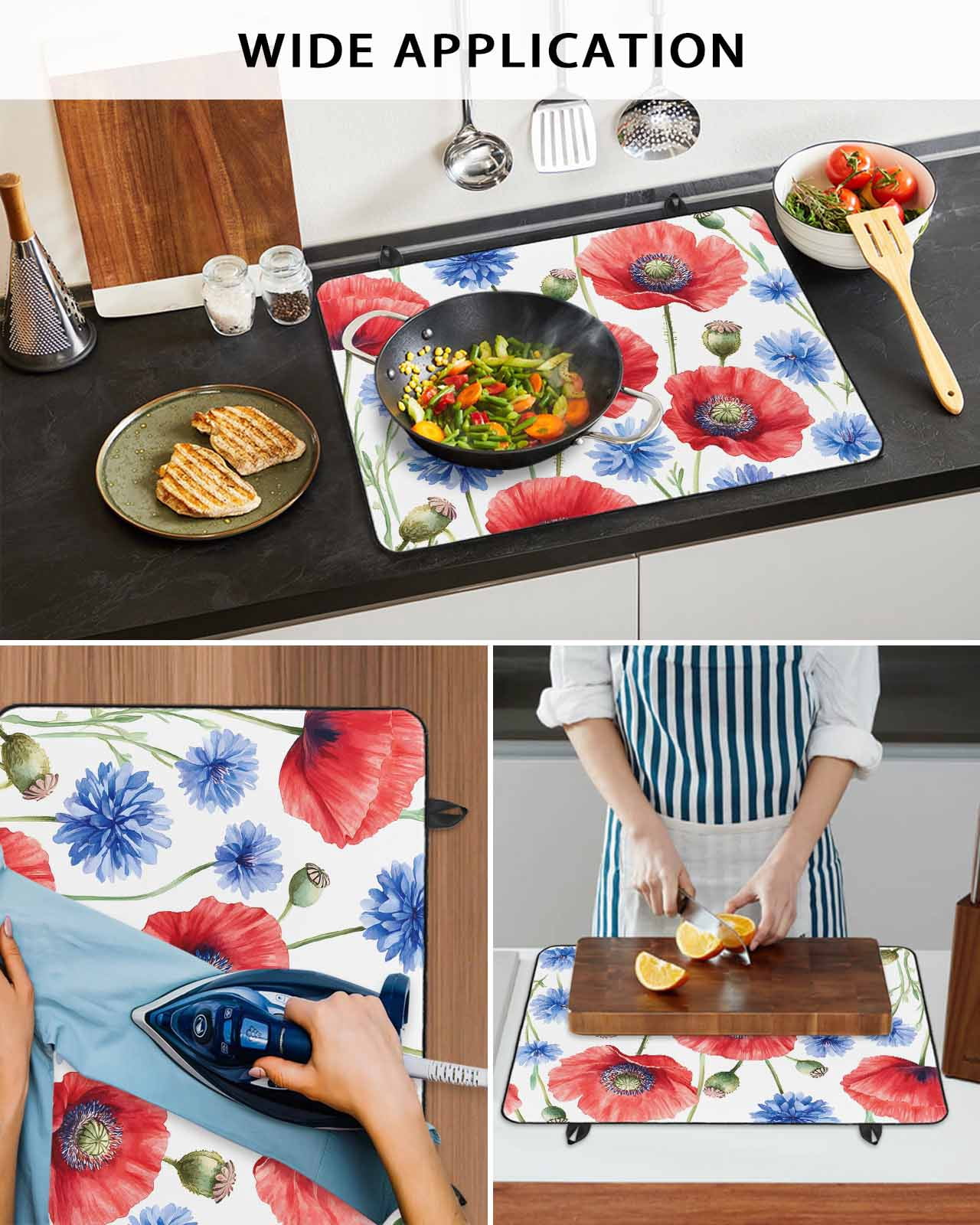 nqOlkjepod Large Induction Cooktop Protector Mat 24"x21", Red Poppy Flower Stove Top Covers for Electric Stove, Blue Watercolor Budding Floral Summer Stove Burner Cover Mats, Glass Top Stove Cover