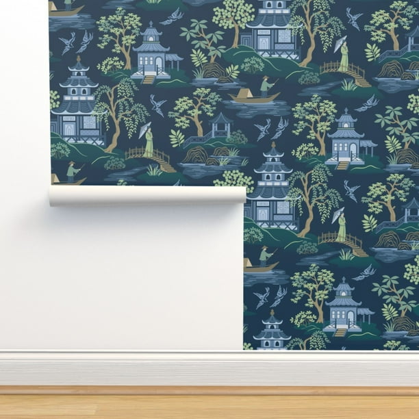 Peel & Stick Wallpaper 6ft x 2ft - Chinoiserie Dark Blue Asian