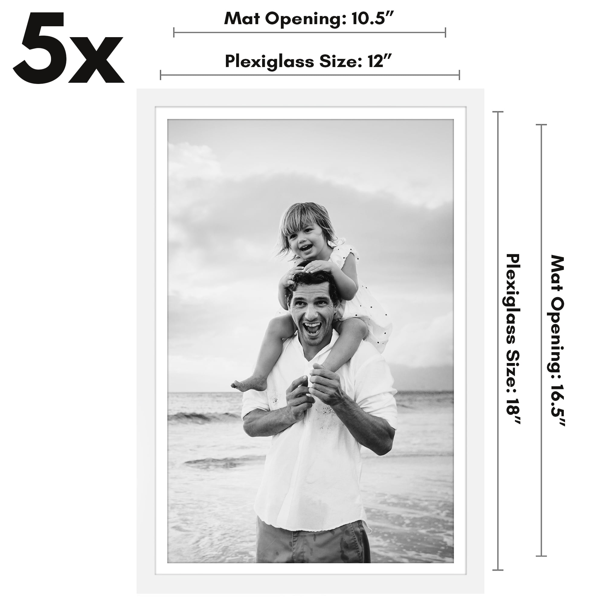 Americanflat 12x18 Poster Frame with Polished Plexiglass with 11x17 Mat 5 Pack Display Photo Galleria - White