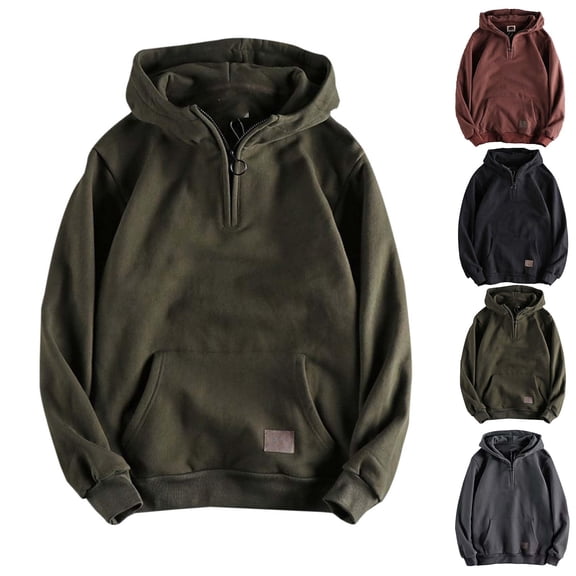 Men's Half Zip Baggy Hoodie, Heavyweight Vintage Pullover Long Sleeve Hooded Sweatshirt with Pockets for Casual Streetwear,Black,L