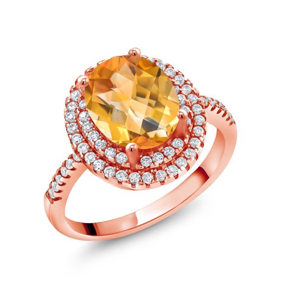Gem Stone King 18K Rose Gold Plated Silver Halo Engagement Ring Checkerboard Citrine Moissanite (2.08 Cttw)