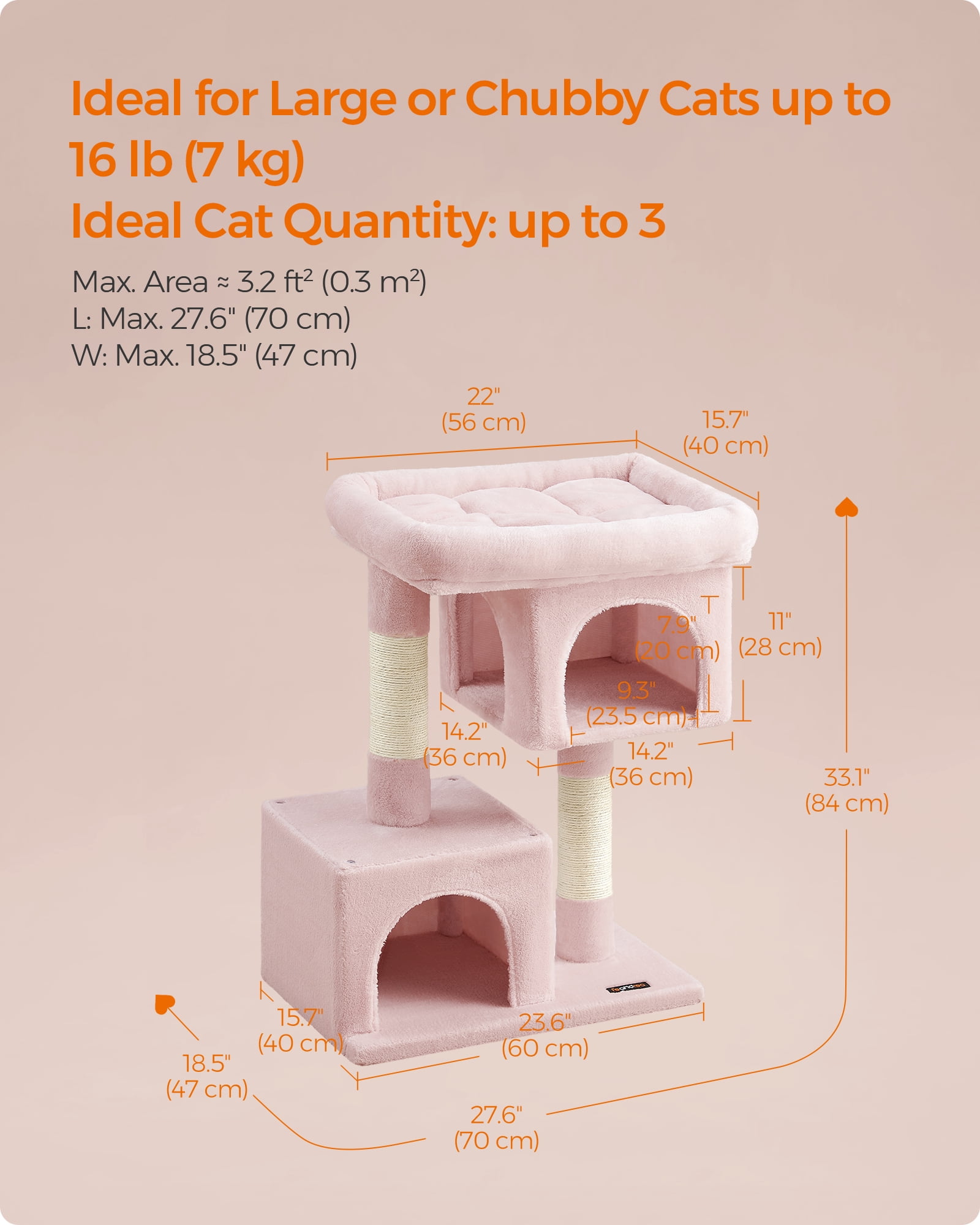 Cat Tree 33.1-Inch Cat Tower for Large Cats up to 16 lb, Large Perch, 2 Cat Caves, Scratching Post, Pink