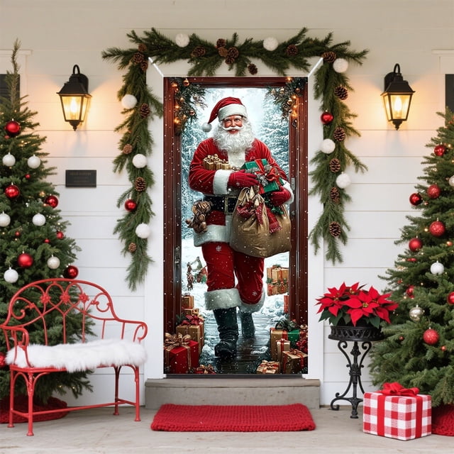 Christmas Door Cover Santa Claus Print Holiday Party Decoration Polyester Fabric Door Hanging for Home Indoor Outdoor Festive Decor