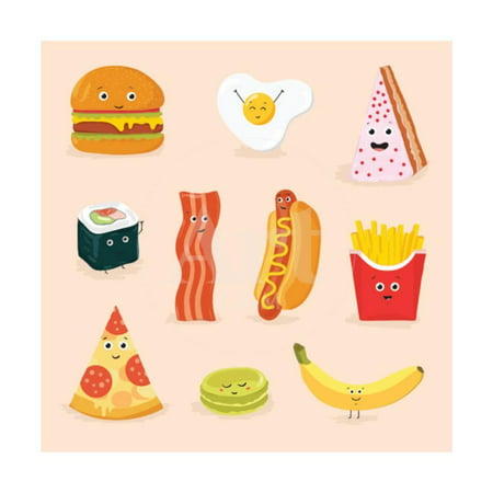 Face Icon Pizza Cake Scrambled Eggs Bacon Banana Burger Hot Dog Roll French Fries. Funny Food Carto Print Wall Art By GoodStudio
