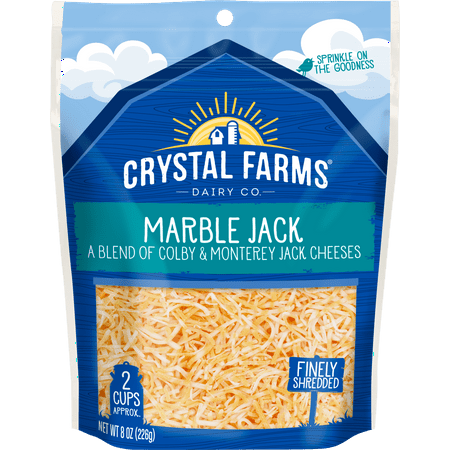 Crystal Farms Finely Shredded Marble Jack Cheese, 8 oz., Refrigerated, Resealable Plastic Bag