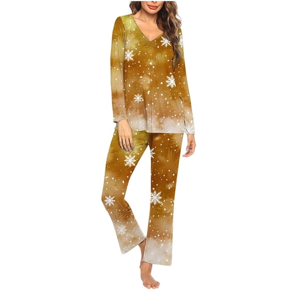 BLTIBY Christmas Pajama Sets for Women V Neck Xmas Printed Long Sleeve Pullover Top Long Pants Lounge Set Sleepwear Comfortable Yellow 2 XL