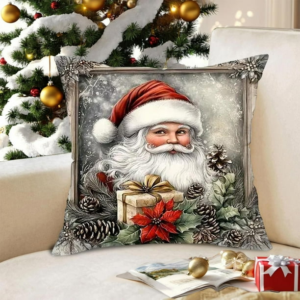 Juego de fundas de almohada navideñas con lazos de Papá Noel, reno y muñeco de nieve | Funda de cojín de lino de 45 x 45 cm | Decoración festiva para el hogar