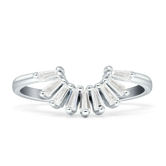 Contoured Band Half Sun Baguette Cubic Zirconia White Tone 925 Sterling Silver, Size 5