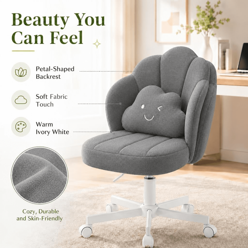 CloudRest Pro Vanity Desk Chair ,18.5" Extra Wide Seat Height Adjustable Furry Desk Chair with Cloud Pillow for Living Room & Bedroom,