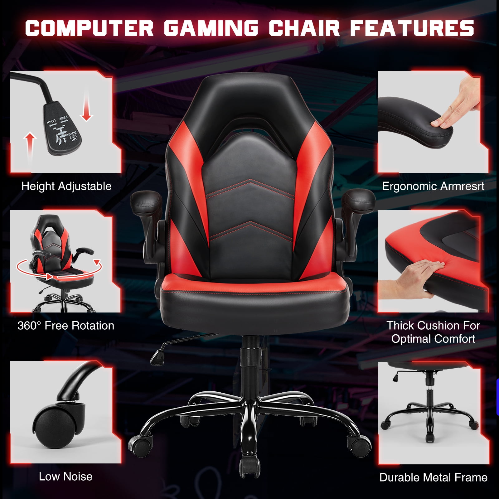 Mayoume Computer Gaming Chair - Ergonomic PU Leather Desk Chair with Comfy Lumbar Support, Height Adjustable 360° Rolling with Flip-up Armrest, for Home and Office, Adults