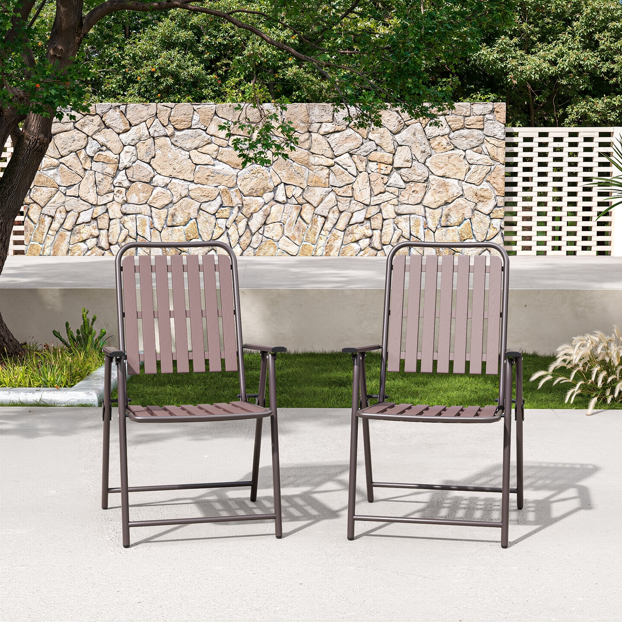 2-Piece Folding Patio Chair Set with No Assembly Required, 350 lb Capacity Heavy Duty Outdoor Chair with Stain-Proof WPC Slats, Rust-Resistant for Balcony Garden, Antique Brown