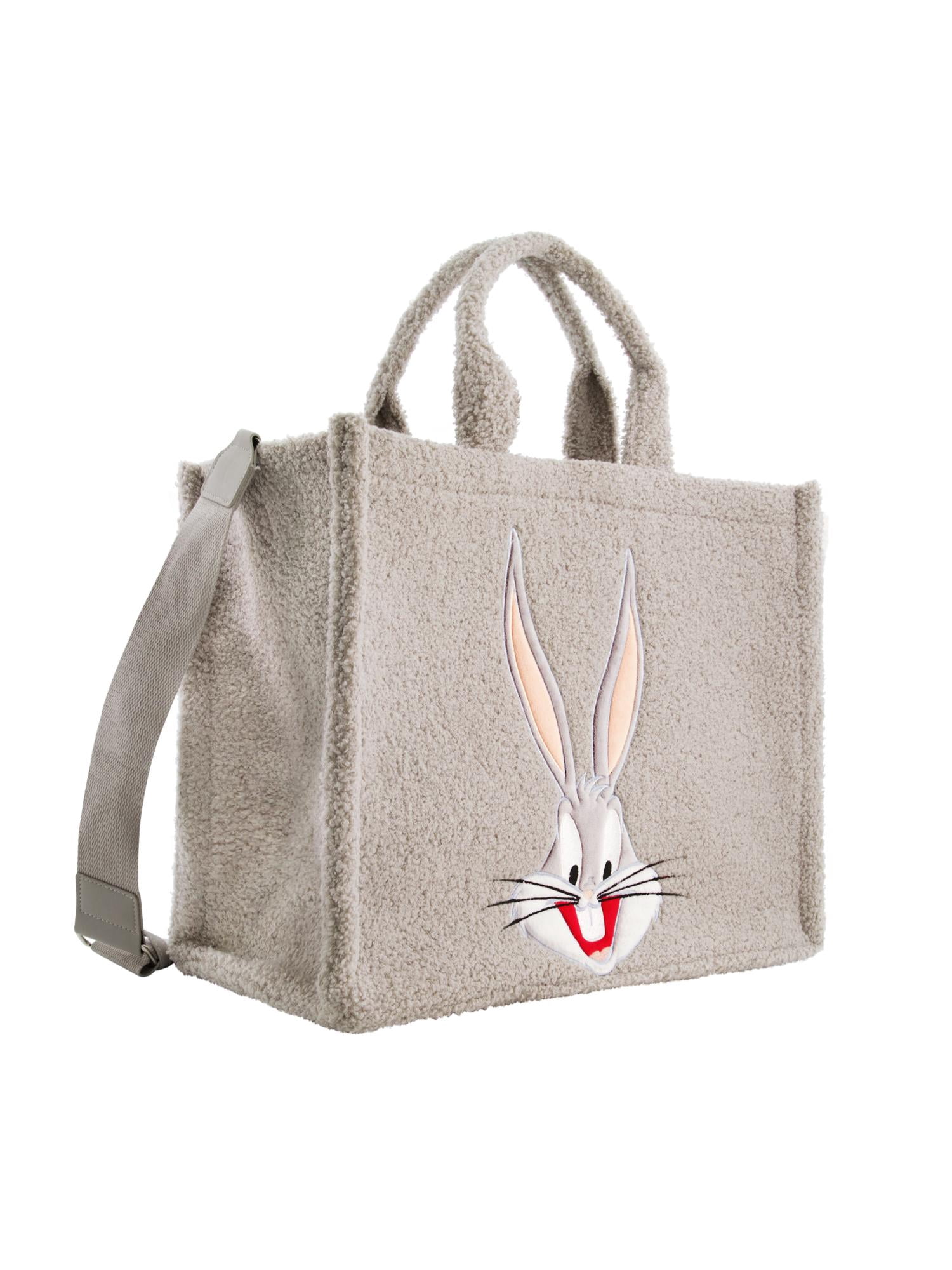 Looney Tunes Tote Bag, Bugs Bunny Faux Fur Travel Handbag with Adjustable Shoulder Strap and Trolley Sleeve, Gray