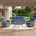 thumbnail image 6 of Opohoro 5 PCS Outdoor Patio Conversation Set, Weather Resistant Wicker Sofa Set with Patio Swivel Chairs, Side Table and Coffee Table for Deck, Backyard, Gray/Blue, 6 of 15