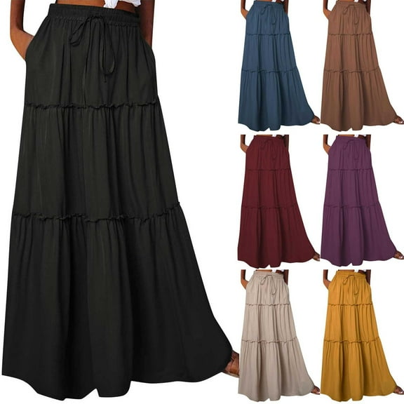 DJskiyers Womens Casual Boho Skirt High Waisted Flowy Skirt Trendy Swing Maxi Skirts High Cut Long Skirts with Pockets