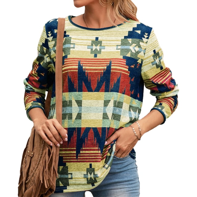 Camiseta holgada de manga larga marrón con cuello redondo y estampados vintage Ethnic Chic
