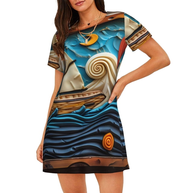Fotbe Whimsical Sailboat Ocean Art Bata de Dormir para Mujer con Estampado, Camisón de Algodón de Manga Corta, Ropa de Dormir Casual