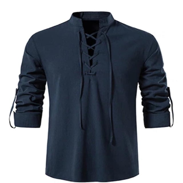Nueva camiseta con cuello en V para hombre, camiseta de manga larga fina Vintage a la moda, camisetas informales transpirables con cordones frontales vikingos para hombre