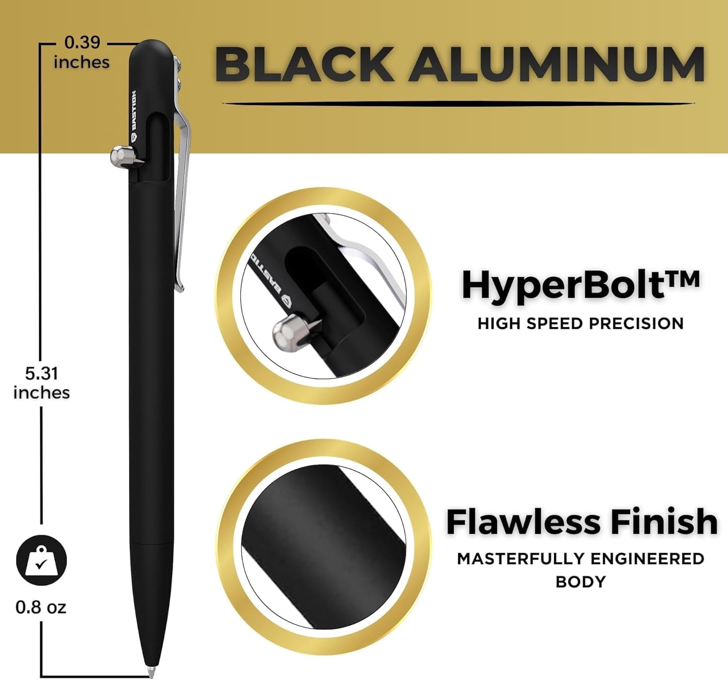 Bastion Aluminum Slim Bolt Action Pen, Jet Black, Ballpoint Refillable, 1 Count