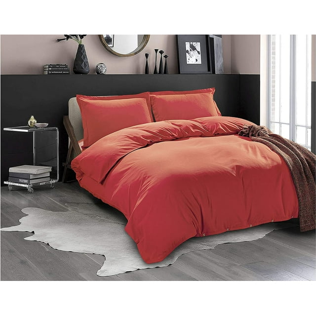 Mocassi 3-Piece Duvet Cover Set, 1800 Thread Count, Button Closure, Solid Color - Cooling, Breathable Material- Wrinkle, Fade, Stain Resistant, Full/Queen, Rust