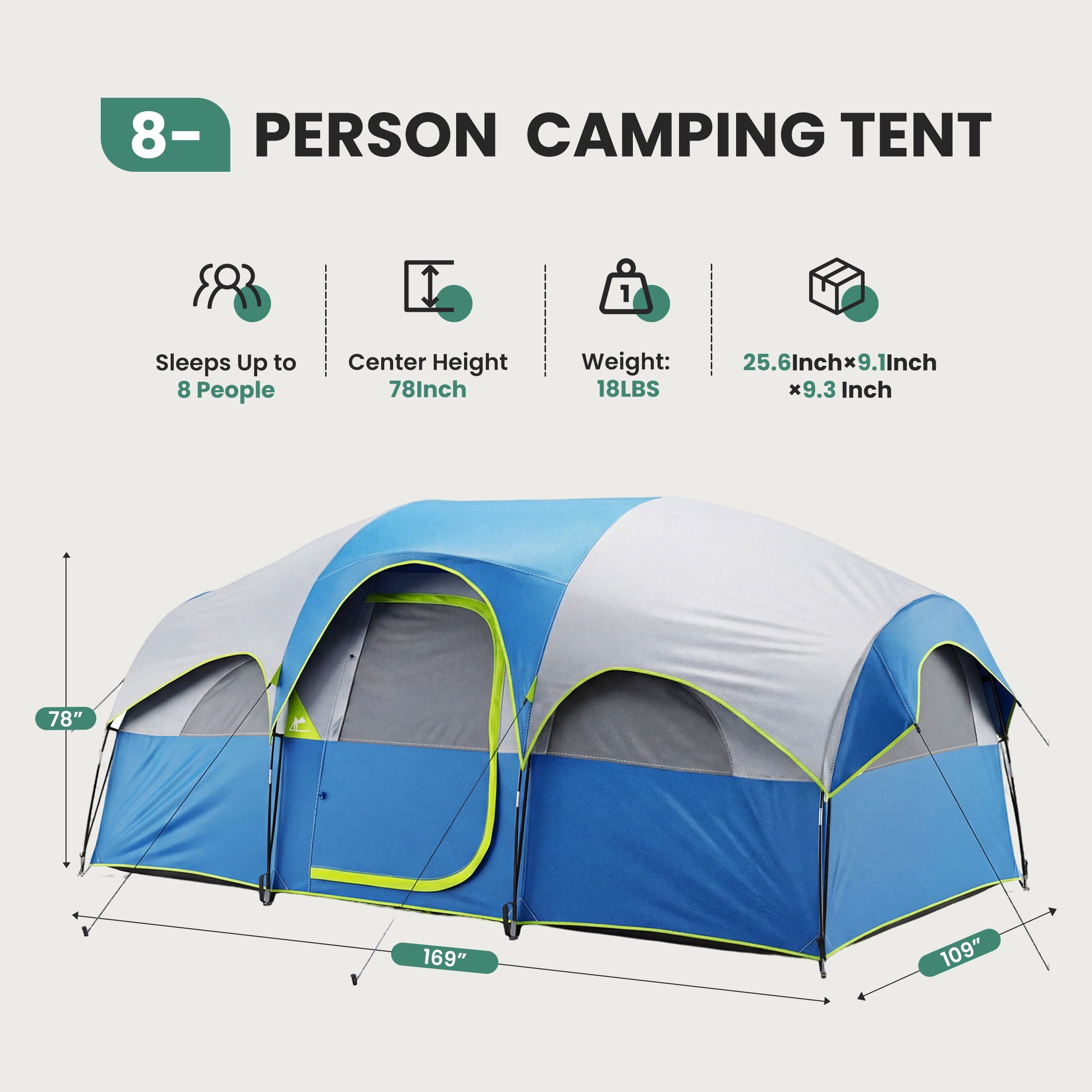 EDX 8-Person Camping Tent with Waterproof Double Layer & Standing Height Cabin, Mesh Roof, Divided Curtain, Easy Setup & Family-Friendly, Portable Carry Bag, Spacious for Car Camping, Blue