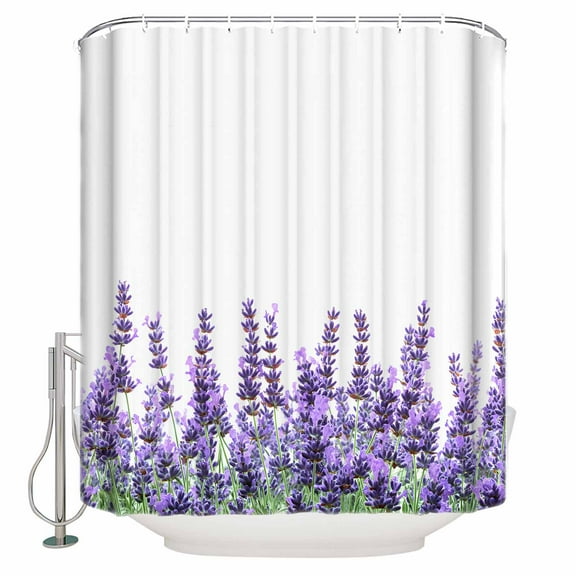 Shower Curtain Bathroom Set Purple Lavender Flower on White Waterproof Fabric Shower Curtains with Grommets&Hooks Spring Idyllic Botanical Privacy Bath Curtain for Bathtub 36x72in