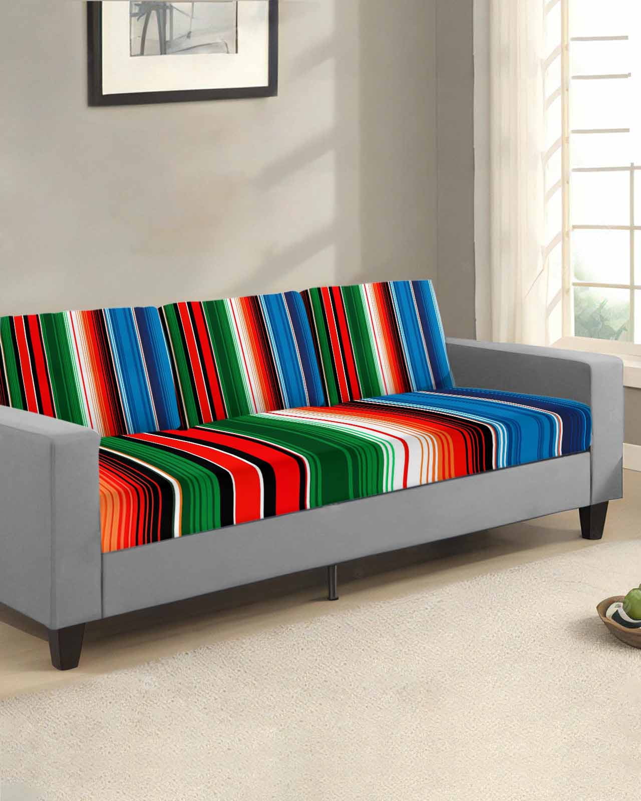 Mexican Serape Couch Cushion Covers Stretch, Washable Sofa Seat Covers Individual Seat Cushion Sofa Slipcovers Colorful Stripes Vertical Lines Abstract Couch Cover Furniture Protector S-1PCS