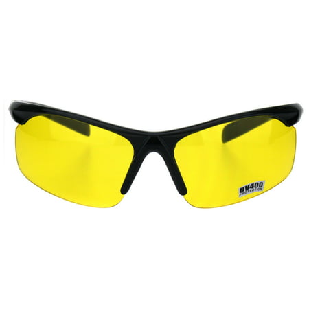Mens Baseball Half Rim Warp Around Plastic Night Driving Lens Sunglasses Shiny Black Yellow