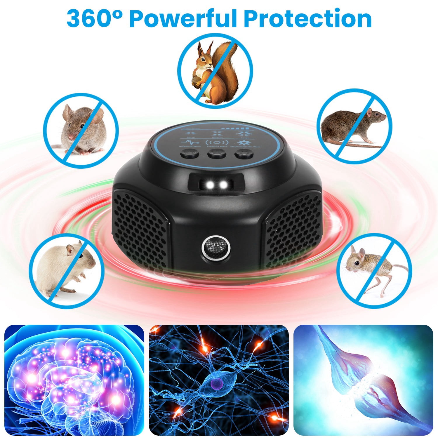 iMounTEK Plug in Mouse Repellent 360° Ultrasonic with 3 Modes 2 Strobe Lights for Kitchen Warehouse Indoor Rodent Repeller