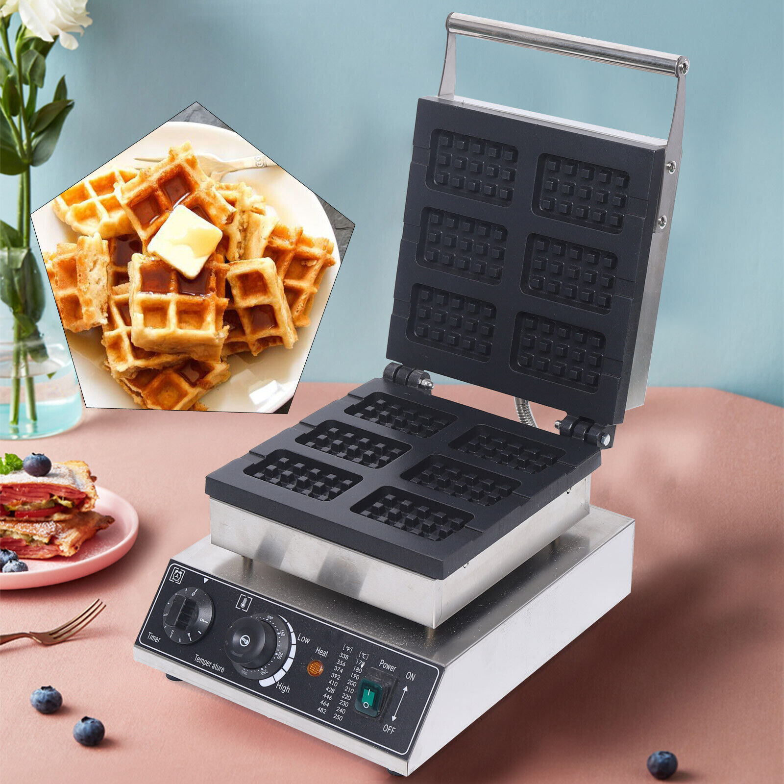 Commercial Electric Waffle Maker, Nonstick, 6-Grid Stainless Steel Baker 1500W