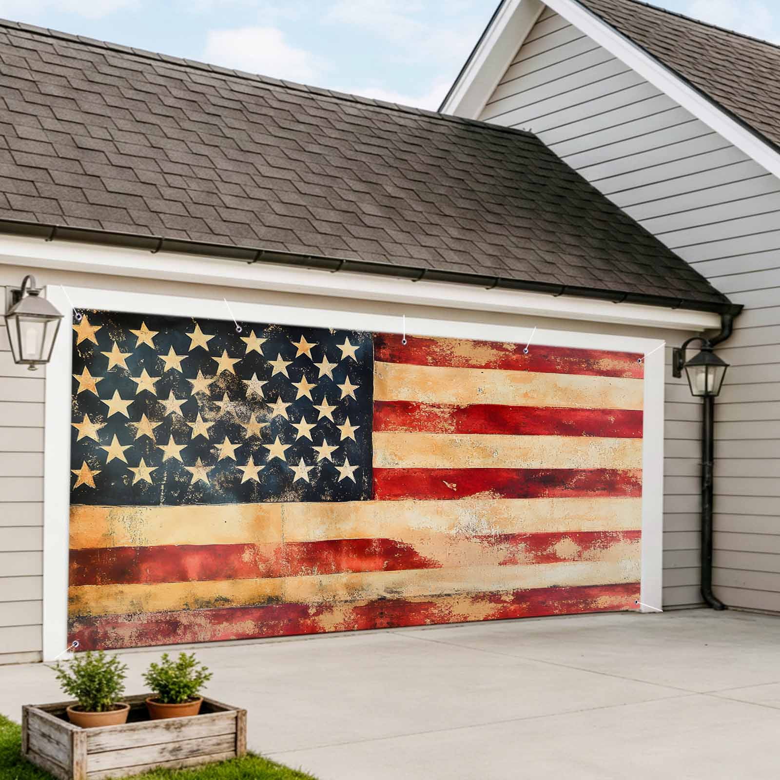 Retro American Flag Garage Door Cover Banner 7 x 8 FT, Vintage Red Strip Star US Flag Garage Door Curtains Backdrop with Grommets for Indoor Outdoor Wall Party Porch Yard Decorations Background