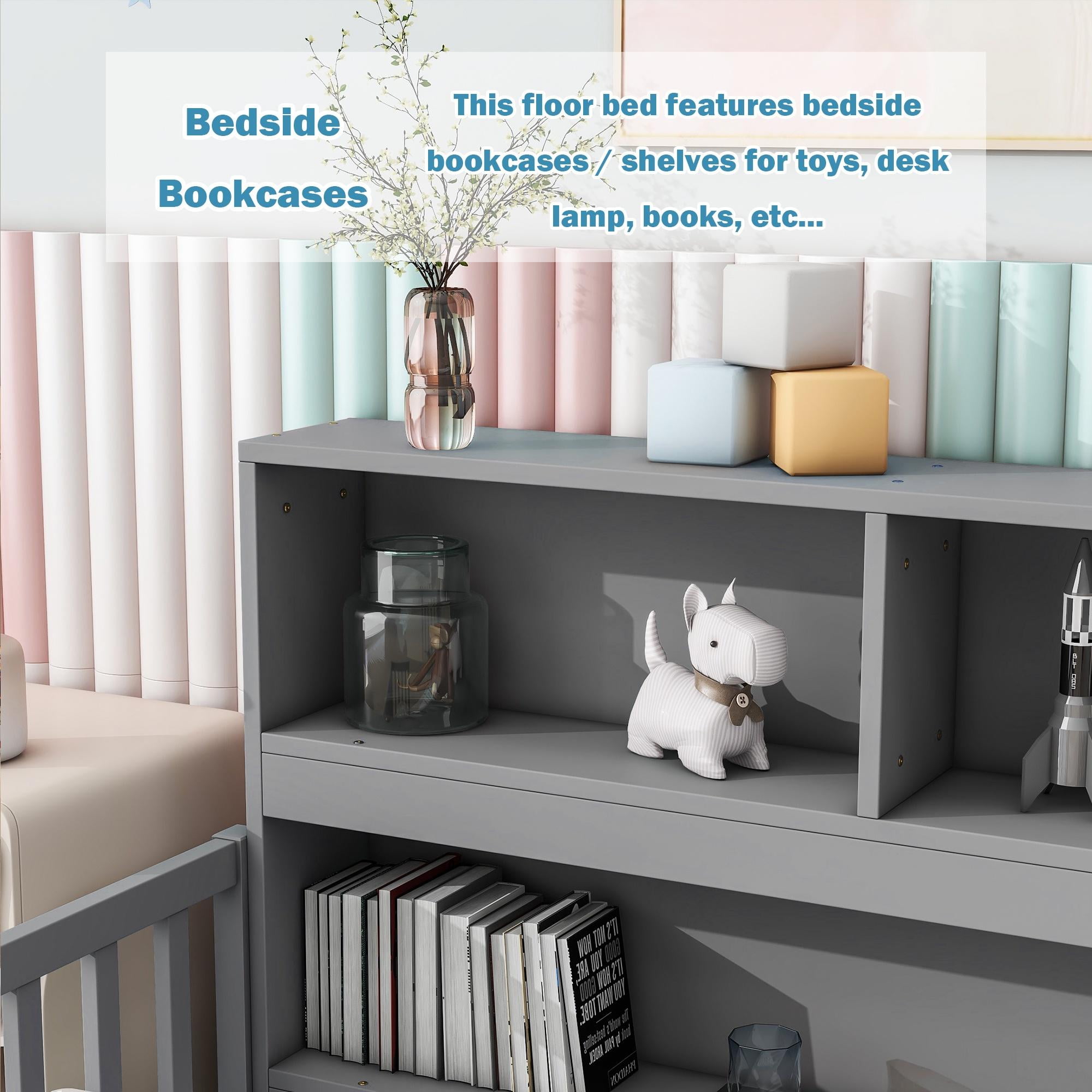 Bellemave Twin Size Floor Bed Frame with Fence and Bookcase Floor Bed Low Montessori Bed Frame with Storage Shelves (Twin, Gray)