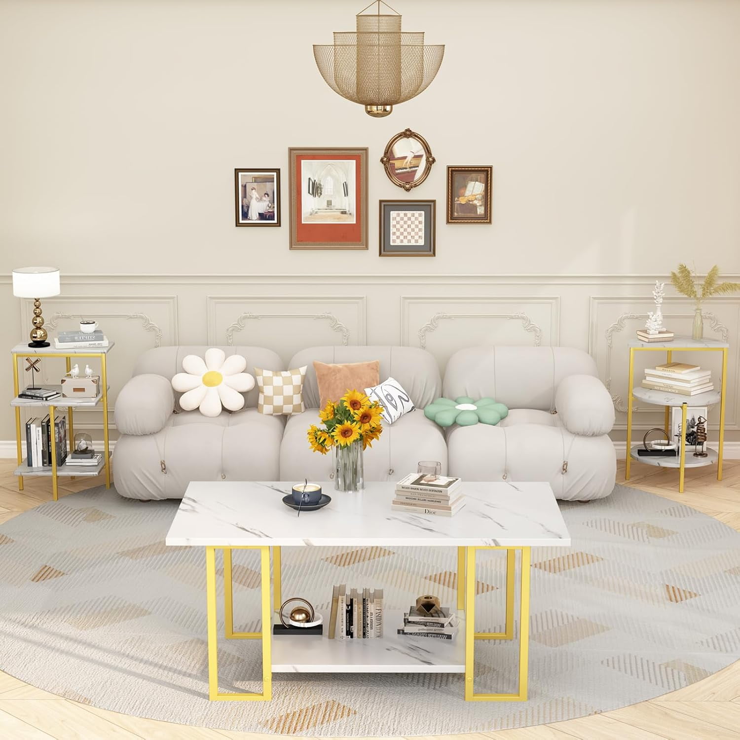 Cvortll Coffee Table Set of 3, Rectangle Faux Marble Tabletop & 2 Tiered Side Tables, Multi-Level Storage for Living Room（White & Golden）