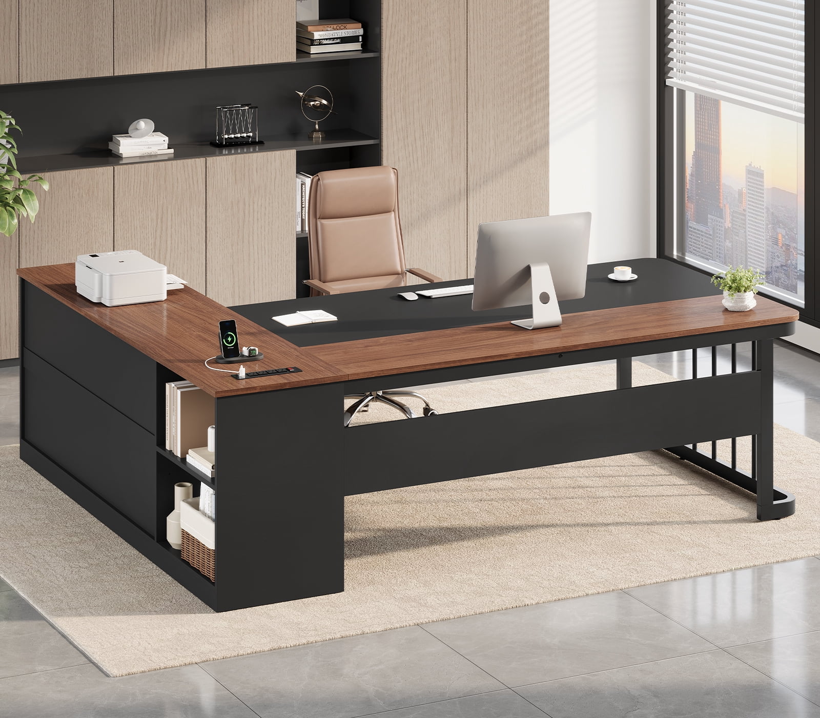 71" Executive Desk, L Shaped Computer Desk with Power Outlets, Corner Office Desk with 3 Drawers, Business Furniture Desk, Walnut
