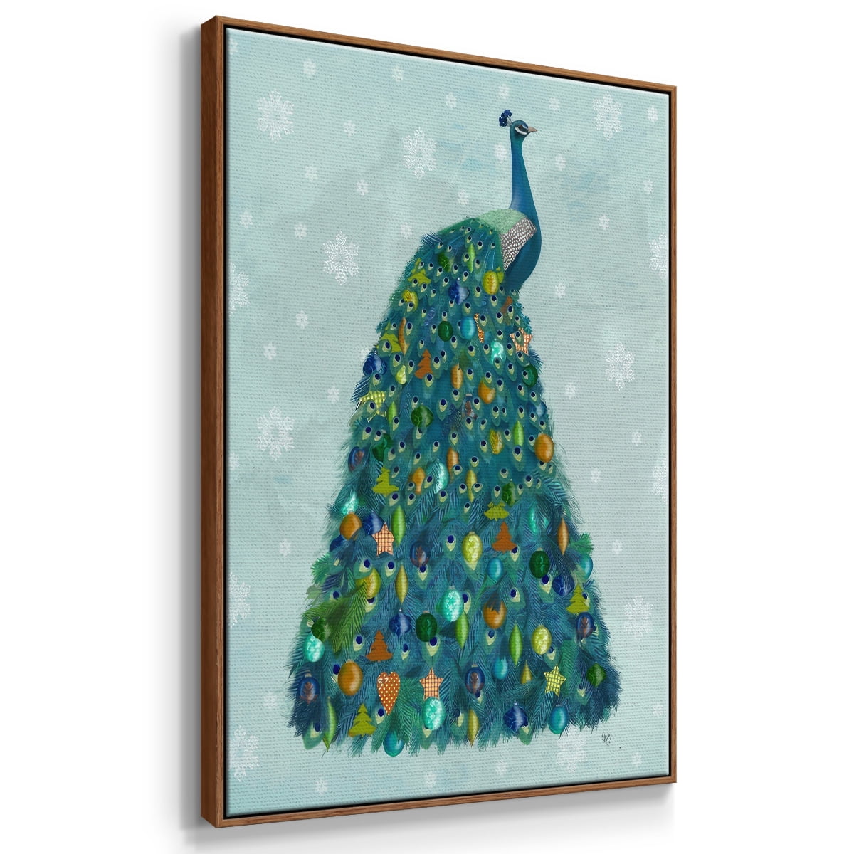 Christmas Peacock Christmas Tree - Framed Gallery Wrapped Holiday Canvas - 25 x 37 - Rosewood Frame